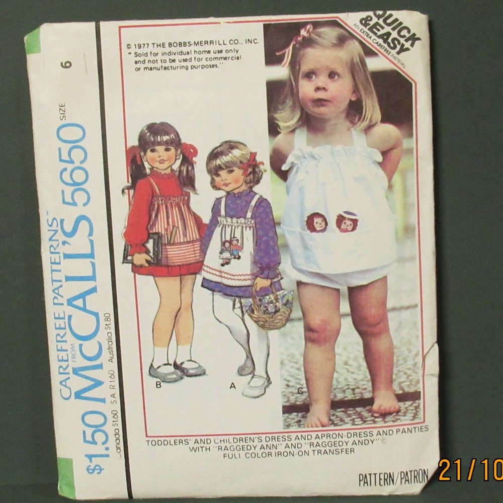 Girl's  RAGGEDY ANN Dress Apron Pattern Sz 6 UNC